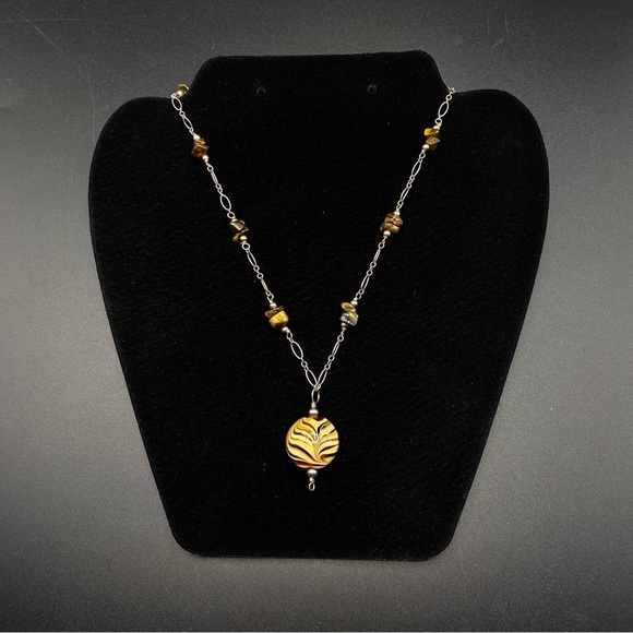Hand Crafted Jewelry - Natural Tigereye Beads Handcrafted Glass Bead Pendant Silver Necklace